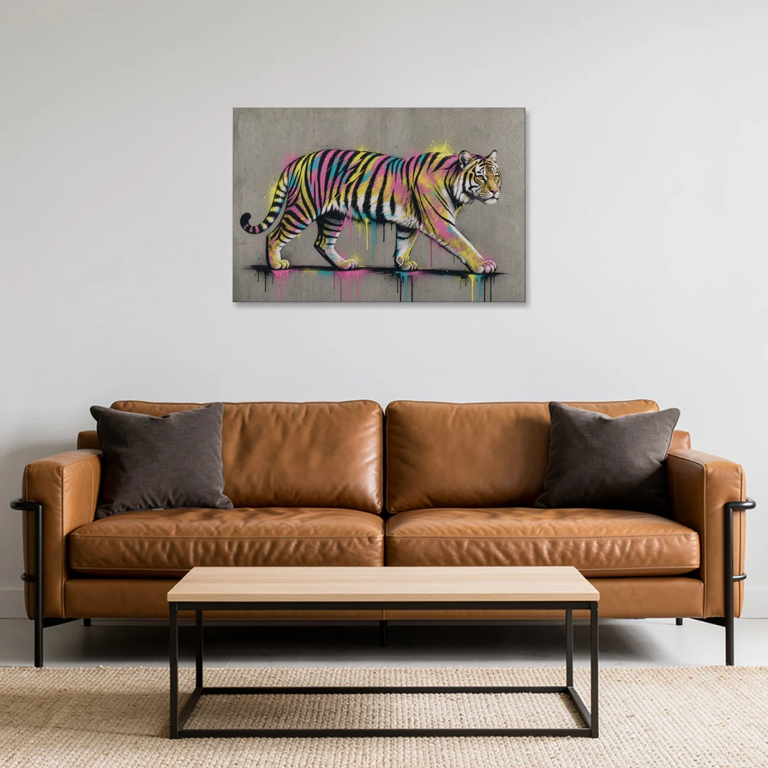 Neon Tiger Street Art on Grey Concrete - Canvas Wall Art - Sofa - 36x24