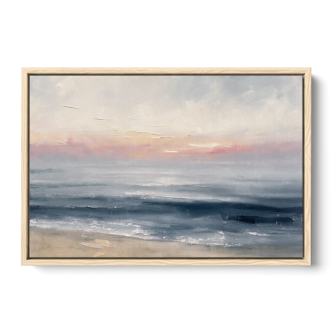 Neutral Abstract Painting of a Blush Horizon - Oak Framed Canvas Wall Art - Front
