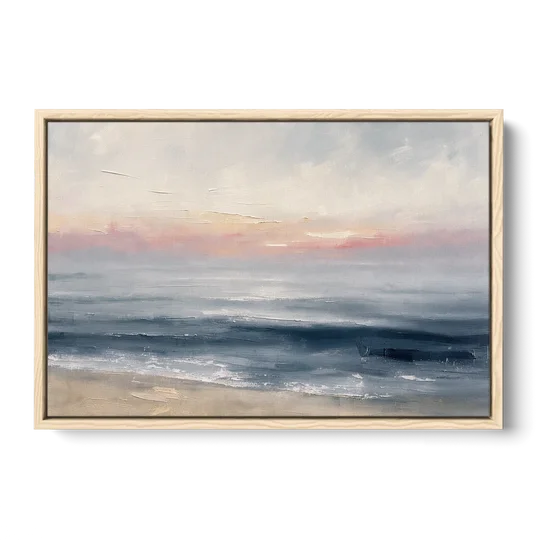Neutral Abstract Painting of a Blush Horizon - Oak Framed Canvas Wall Art - Front