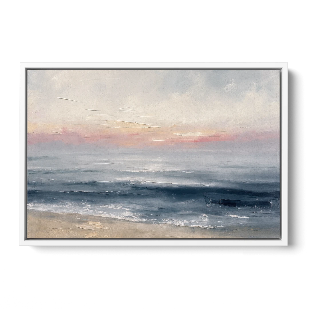 Neutral Abstract Painting of a Blush Horizon - White Framed Canvas Wall Art - Front