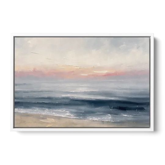 Neutral Abstract Painting of a Blush Horizon - White Framed Canvas Wall Art - Front