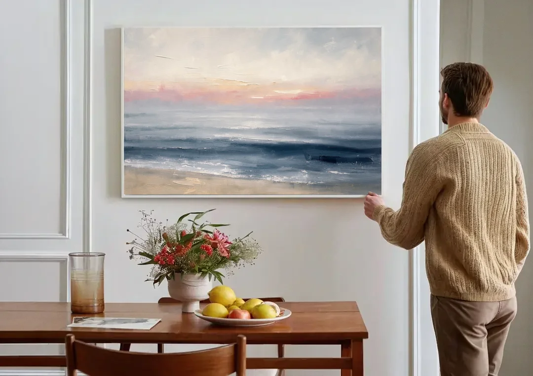 Neutral Abstract Painting of a Blush Horizon canvas wall art above a dining table