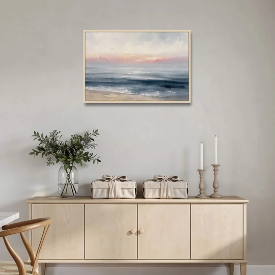 Neutral Abstract Painting of a Blush Horizon - Oak Framed Canvas Wall Art - Coffee Table - 36x24