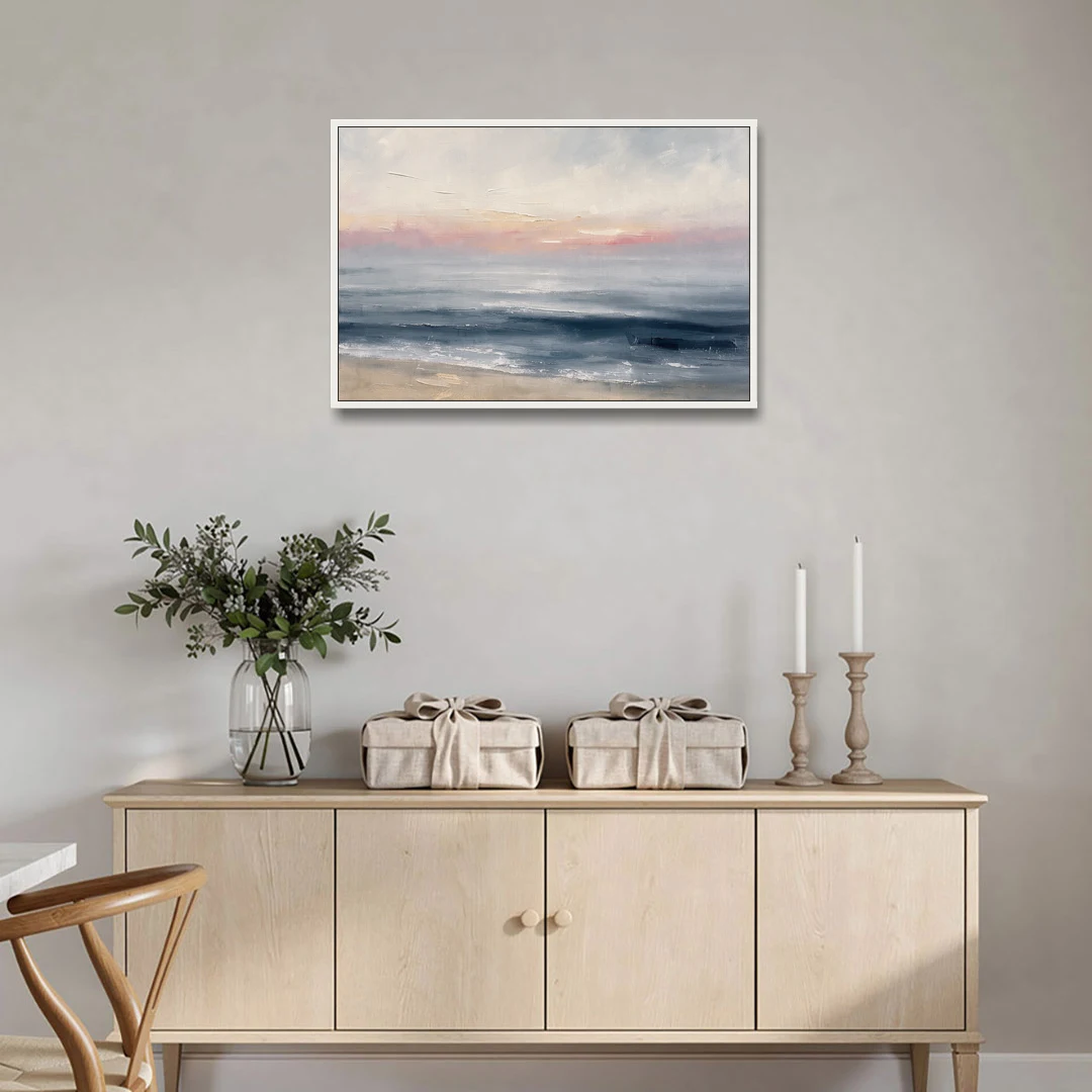 Neutral Abstract Painting of a Blush Horizon - White Framed Canvas Wall Art - Coffee Table - 36x24
