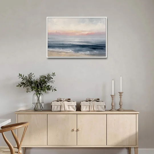 Neutral Abstract Painting of a Blush Horizon - White Framed Canvas Wall Art - Coffee Table - 36x24