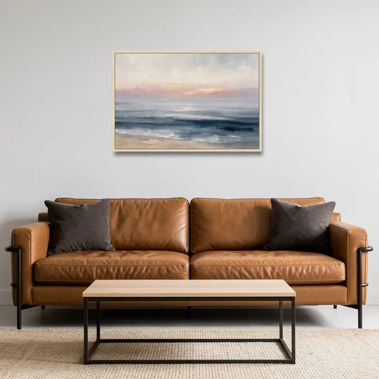 Neutral Abstract Painting of a Blush Horizon - Oak Framed Canvas Wall Art - Sofa - 36x24