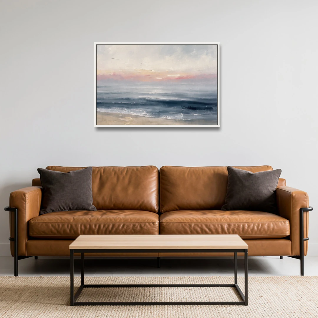 Neutral Abstract Painting of a Blush Horizon - White Framed Canvas Wall Art - Sofa - 36x24