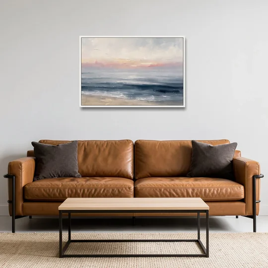 Neutral Abstract Painting of a Blush Horizon - White Framed Canvas Wall Art - Sofa - 36x24