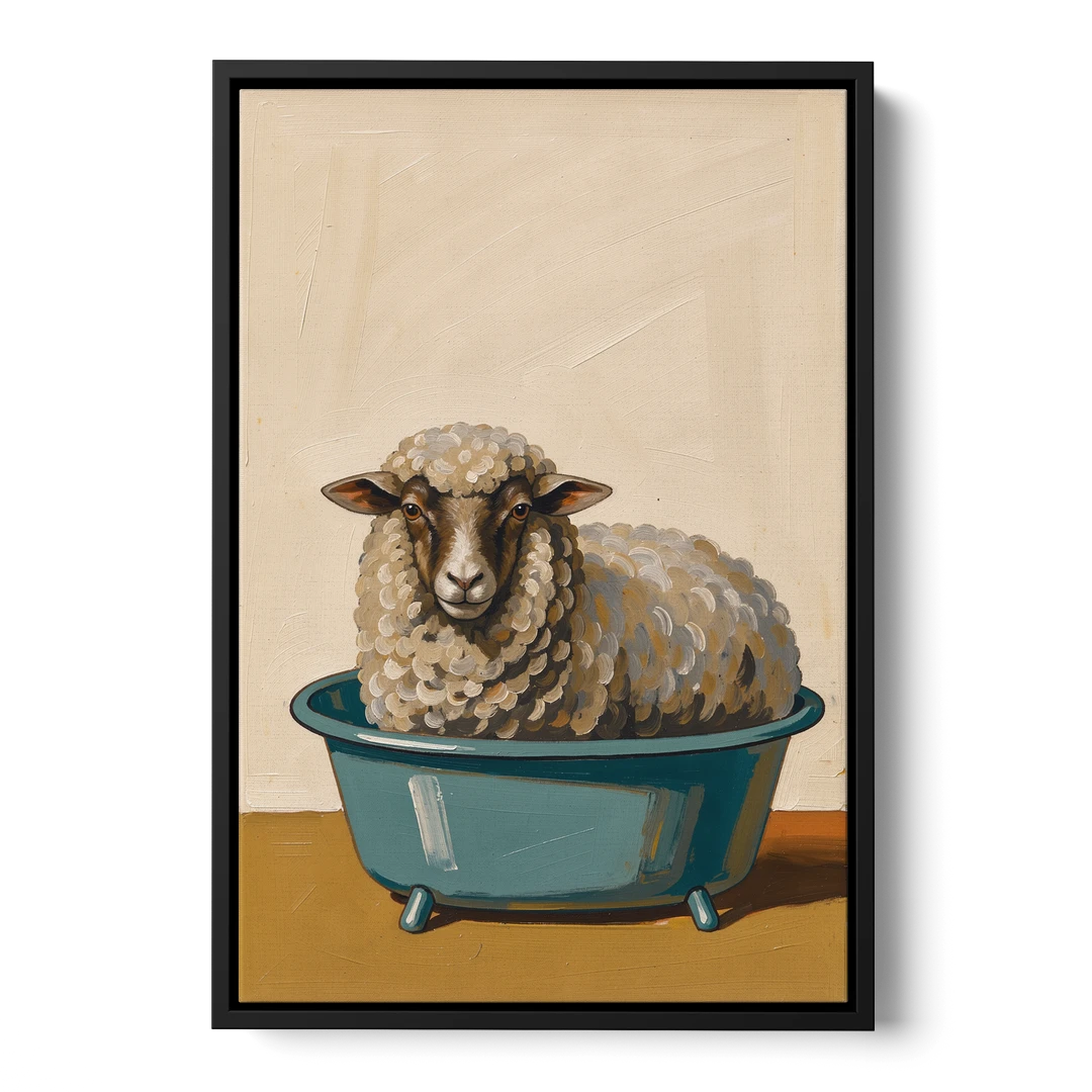 Neutral Bathroom Wall Decor Sheep in a Washtub - Black Framed Canvas Wall Art - Front