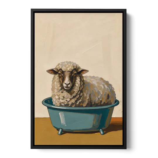 Neutral Bathroom Wall Decor Sheep in a Washtub - Black Framed Canvas Wall Art - Front