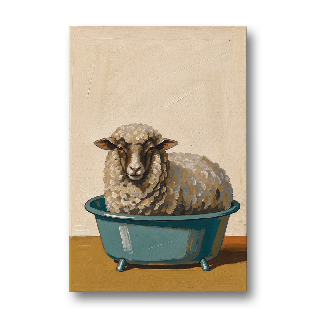 Neutral Bathroom Wall Decor Sheep in a Washtub - Canvas Wall Art - Front