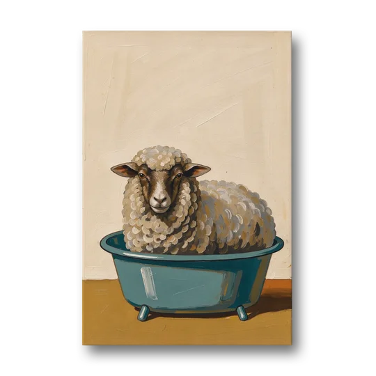 Neutral Bathroom Wall Decor Sheep in a Washtub - Canvas Wall Art - Front