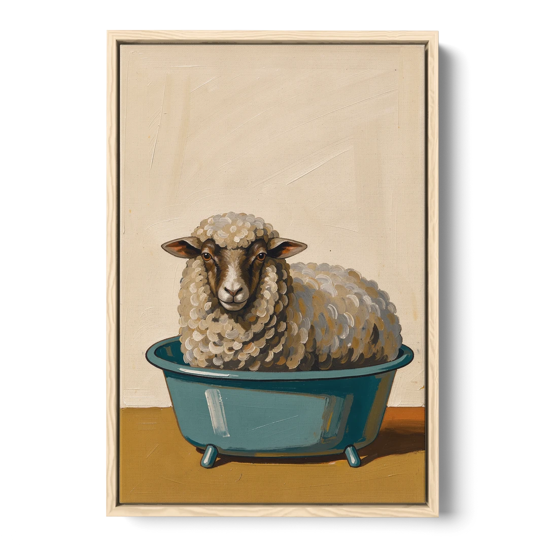 Neutral Bathroom Wall Decor Sheep in a Washtub - Oak Framed Canvas Wall Art - Front
