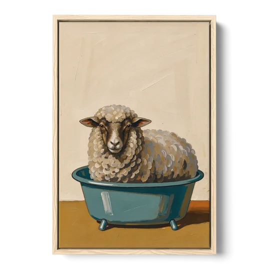 Neutral Bathroom Wall Decor Sheep in a Washtub - Oak Framed Canvas Wall Art - Front