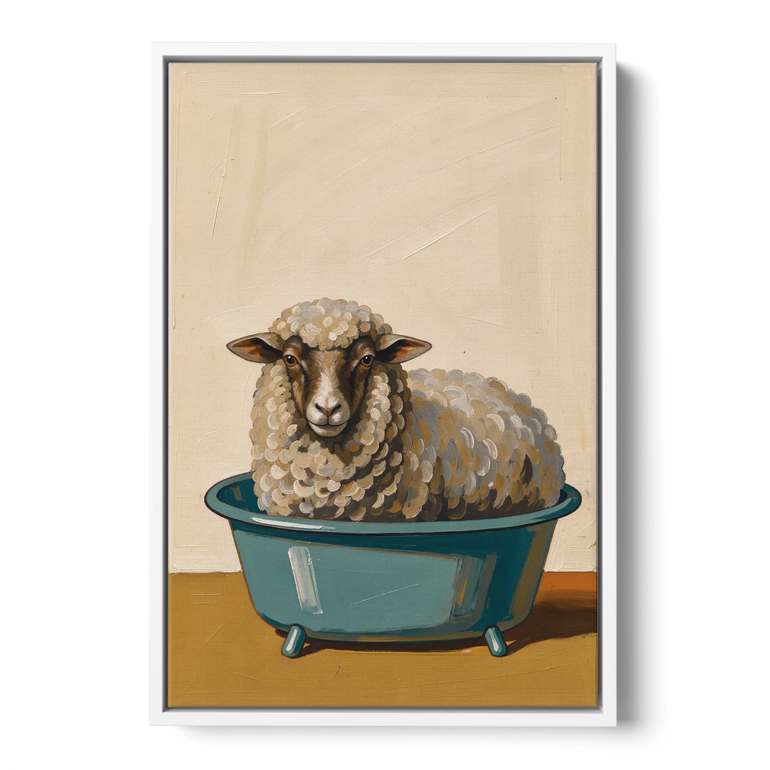 Neutral Bathroom Wall Decor Sheep in a Washtub - White Framed Canvas Wall Art - Front