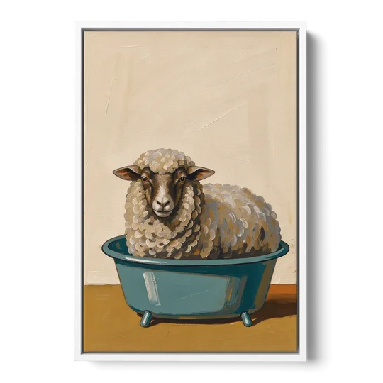 Neutral Bathroom Wall Decor Sheep in a Washtub - White Framed Canvas Wall Art - Front