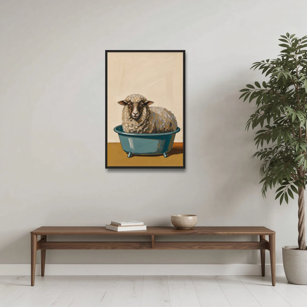 Neutral Bathroom Wall Decor Sheep in a Washtub - Black Framed Canvas Wall Art - Coffee Table - 24x36