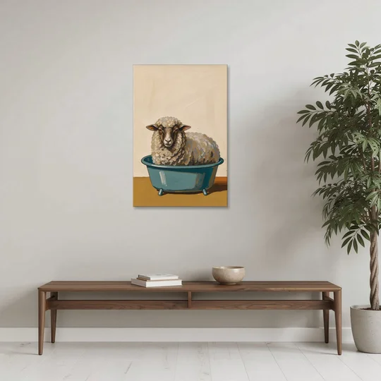 Neutral Bathroom Wall Decor Sheep in a Washtub - Canvas Wall Art - Coffee Table - 24x36