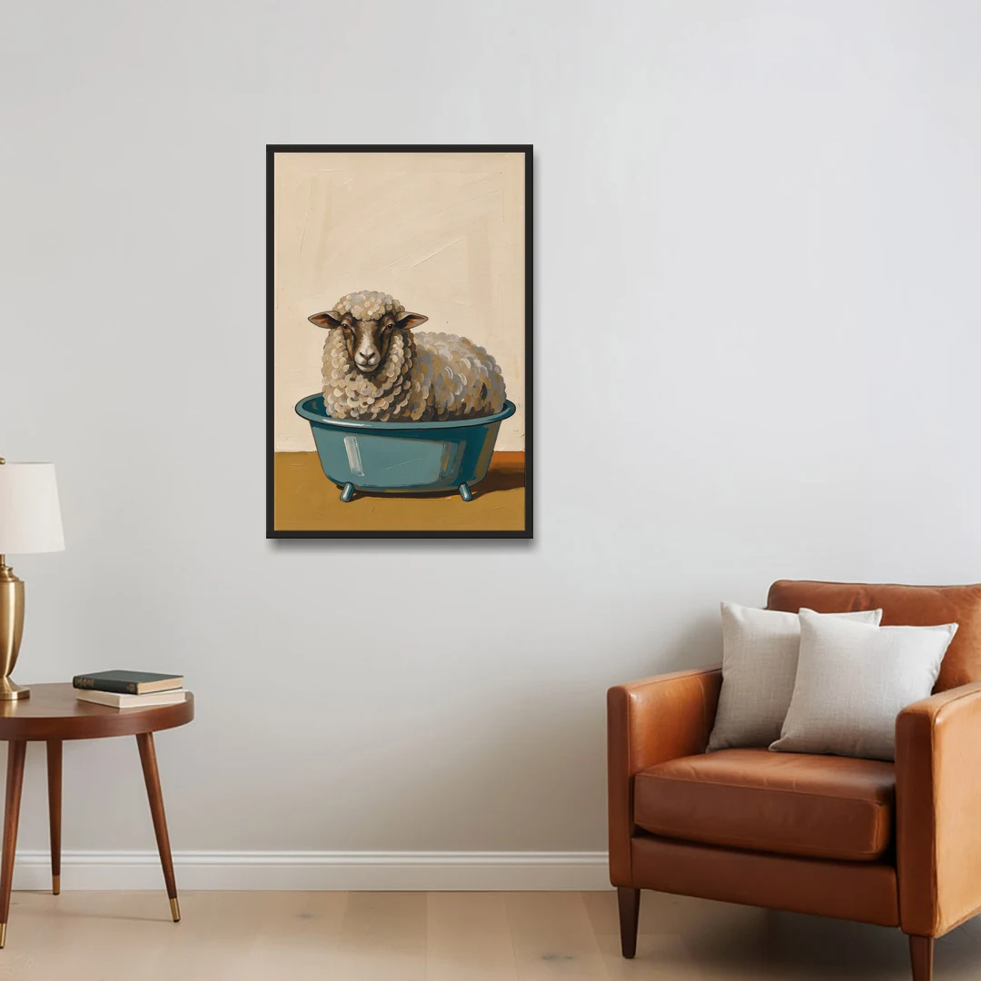 Neutral Bathroom Wall Decor Sheep in a Washtub - Black Framed Canvas Wall Art - Sofa - 24x36