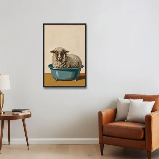 Neutral Bathroom Wall Decor Sheep in a Washtub - Black Framed Canvas Wall Art - Sofa - 24x36