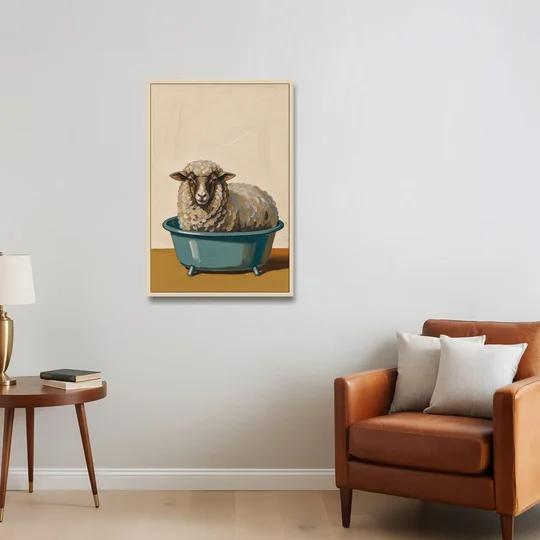 Neutral Bathroom Wall Decor Sheep in a Washtub - Oak Framed Canvas Wall Art - Sofa - 24x36