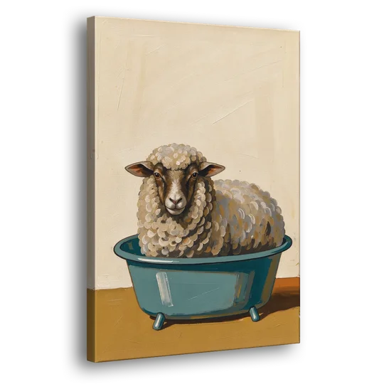 Neutral Bathroom Wall Decor Sheep in a Washtub - Canvas Wall Art - Side
