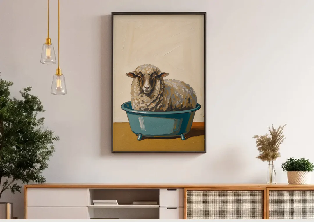 Neutral Bathroom Wall Decor Sheep in a Washtub canvas wall art above a wooden sideboard under pendant lights
