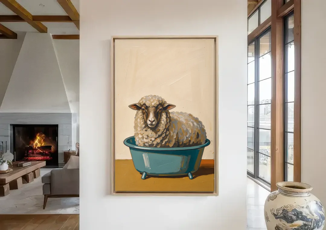 Neutral Bathroom Wall Decor Sheep in a Washtub canvas wall art in a living room with a fireplace