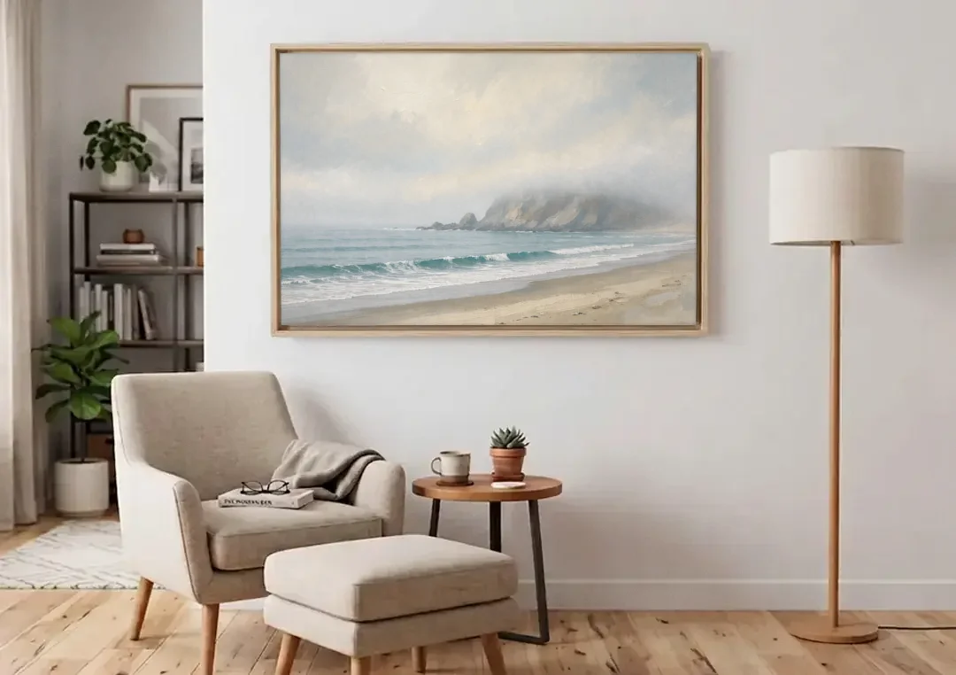 Neutral Bedroom Wall Art of a Foggy Headland canvas wall art above an armchair in a bright living room