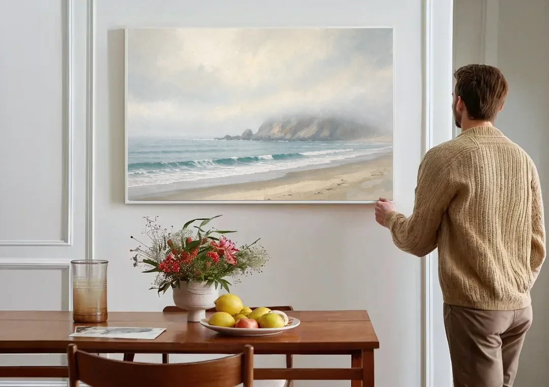 Neutral Bedroom Wall Art of a Foggy Headland canvas wall art above a dining table