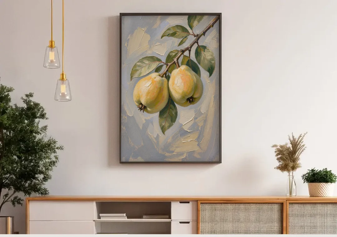 Neutral Botanical Wall Art of a Quince Branch canvas wall art above a wooden sideboard under pendant lights
