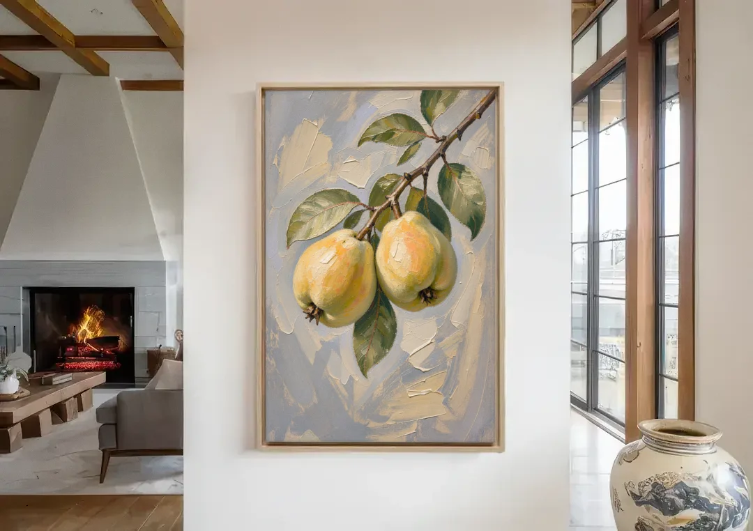 Neutral Botanical Wall Art of a Quince Branch canvas wall art in a living room with a fireplace