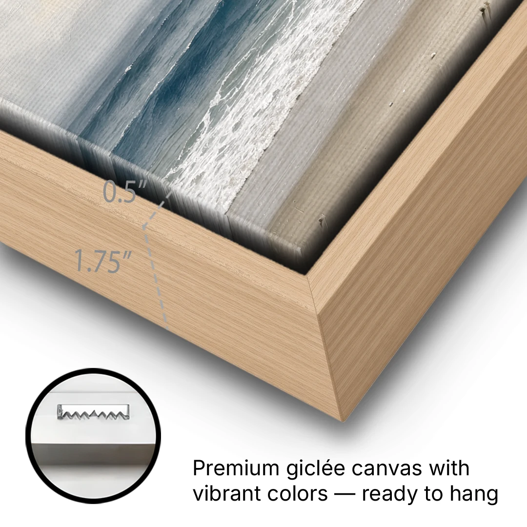Neutral Coastal Pink Glow Over Gray Surf - Oak Framed Canvas Wall Art - Gallery Wrap Corner