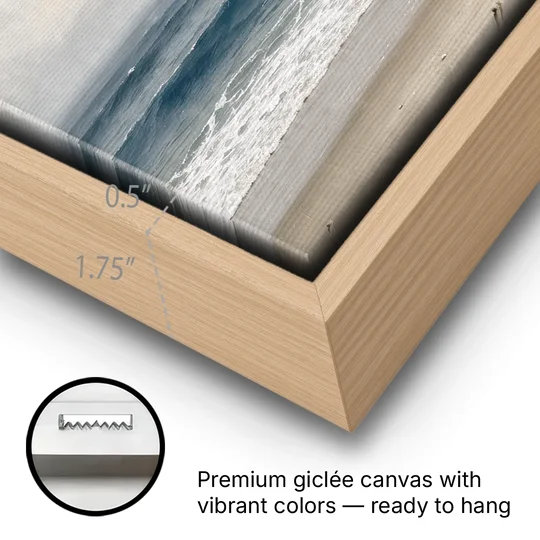 Neutral Coastal Pink Glow Over Gray Surf - Oak Framed Canvas Wall Art - Gallery Wrap Corner