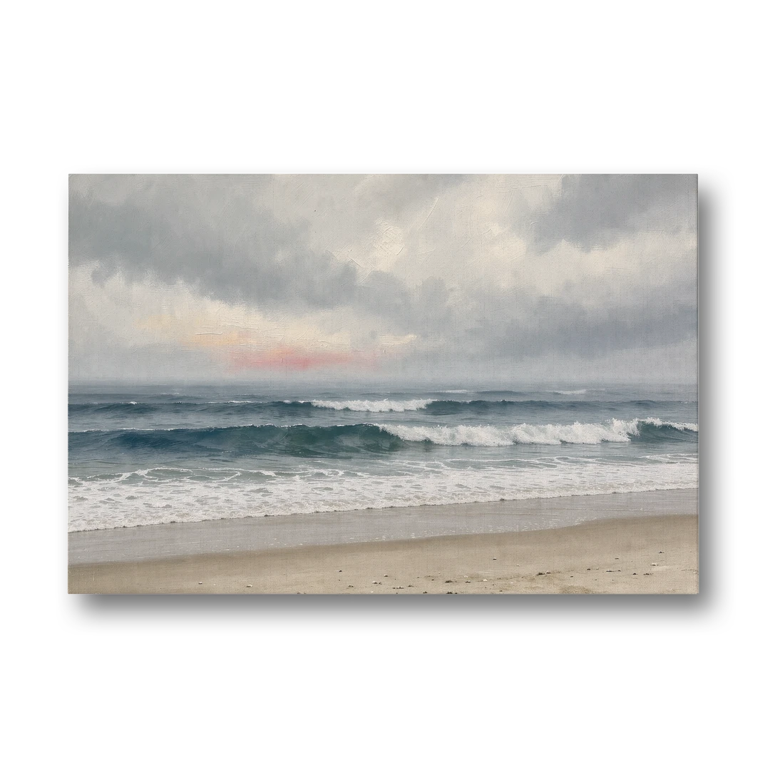 Neutral Coastal Pink Glow Over Gray Surf - Canvas Wall Art - Front