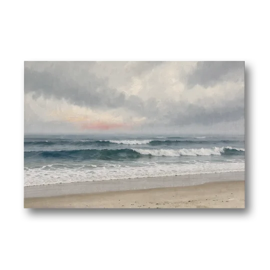 Neutral Coastal Pink Glow Over Gray Surf - Canvas Wall Art - Front