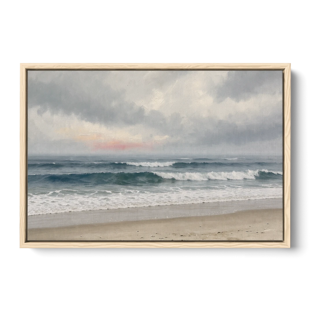 Neutral Coastal Pink Glow Over Gray Surf - Oak Framed Canvas Wall Art - Front