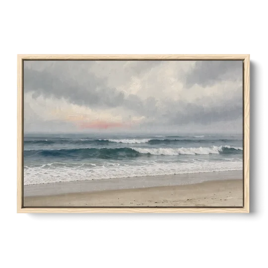 Neutral Coastal Pink Glow Over Gray Surf - Oak Framed Canvas Wall Art - Front