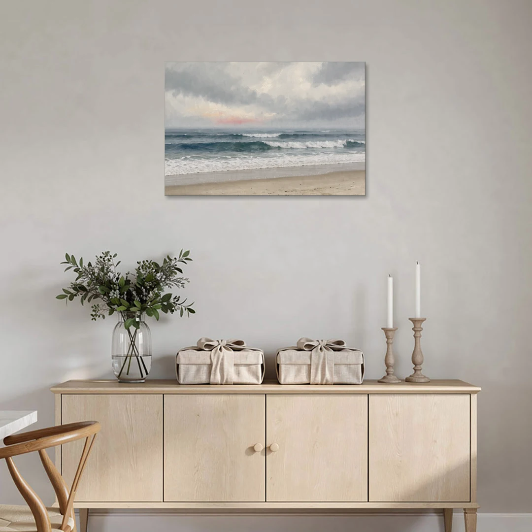 Neutral Coastal Pink Glow Over Gray Surf - Canvas Wall Art - Coffee Table - 36x24