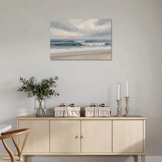 Neutral Coastal Pink Glow Over Gray Surf - Canvas Wall Art - Coffee Table - 36x24