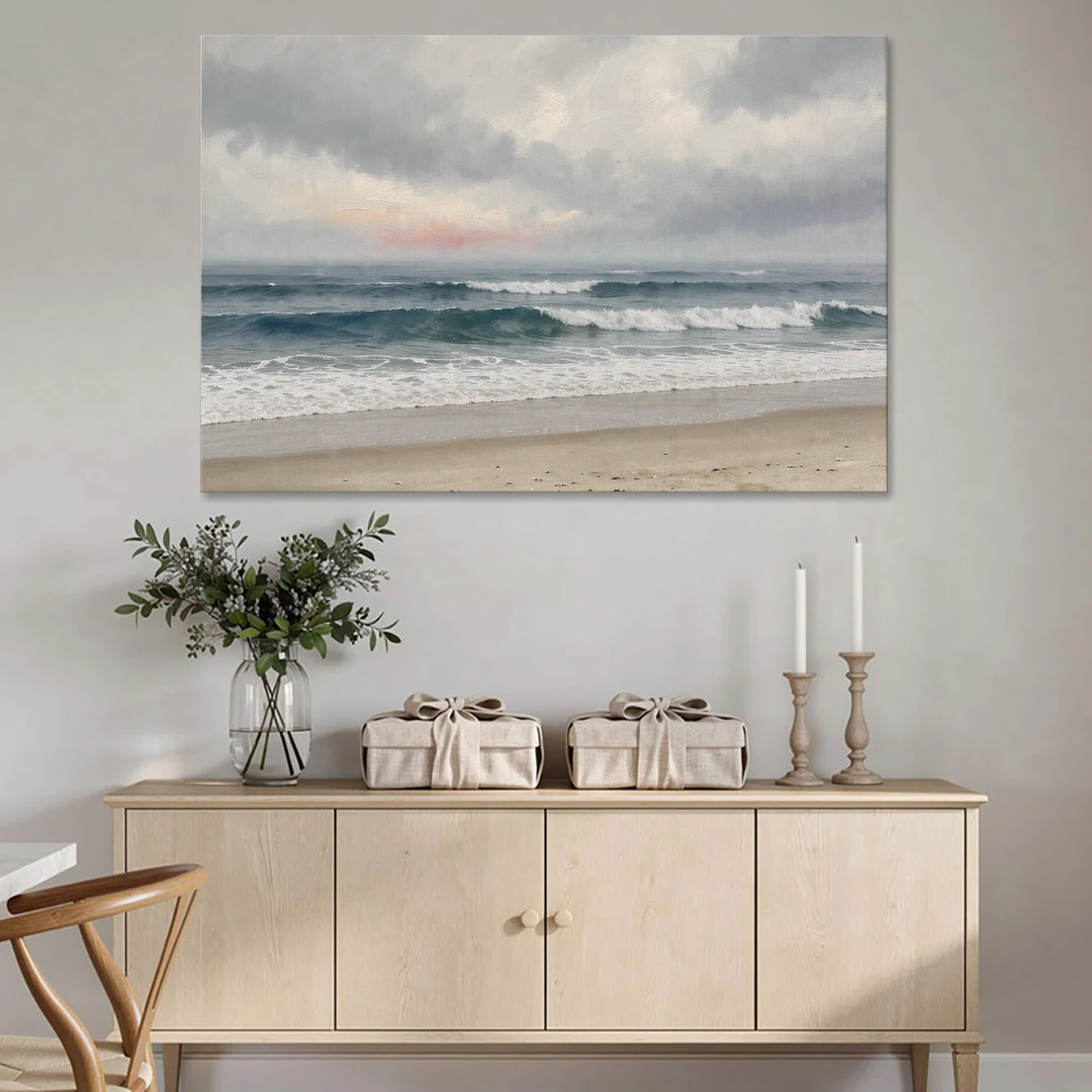 Neutral Coastal Pink Glow Over Gray Surf - Canvas Wall Art - Coffee Table - 60x40