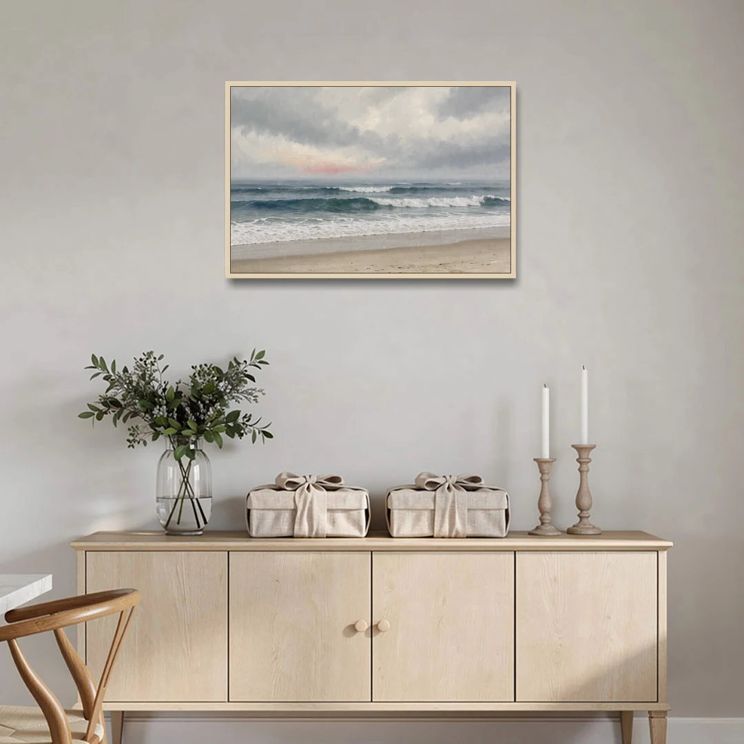 Neutral Coastal Pink Glow Over Gray Surf - Oak Framed Canvas Wall Art - Coffee Table - 36x24