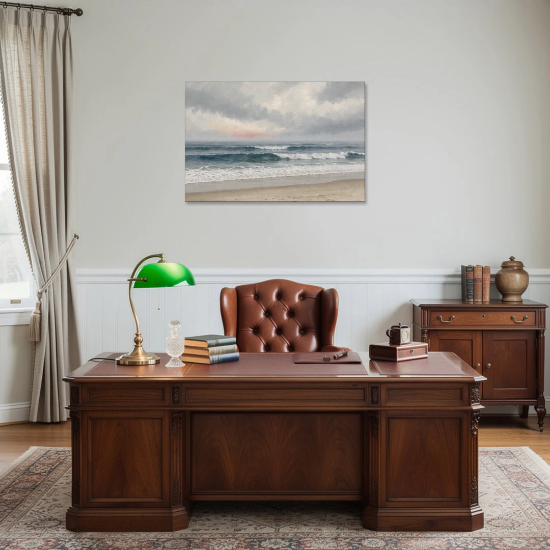 Neutral Coastal Pink Glow Over Gray Surf - Canvas Wall Art - Office - 36x24