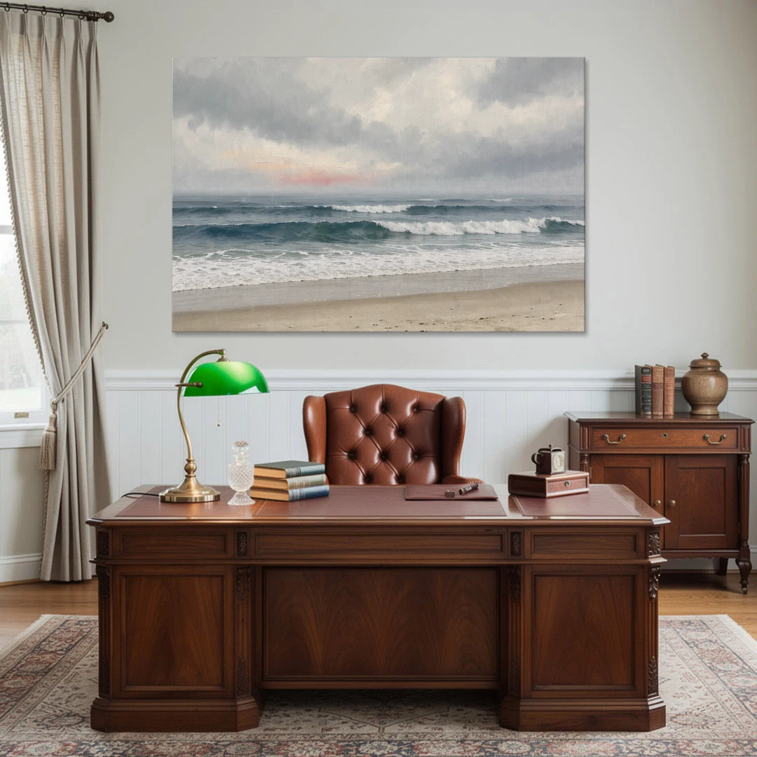 Neutral Coastal Pink Glow Over Gray Surf - Canvas Wall Art - Office - 60x40