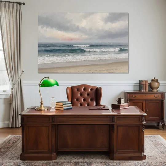 Neutral Coastal Pink Glow Over Gray Surf - Canvas Wall Art - Office - 60x40