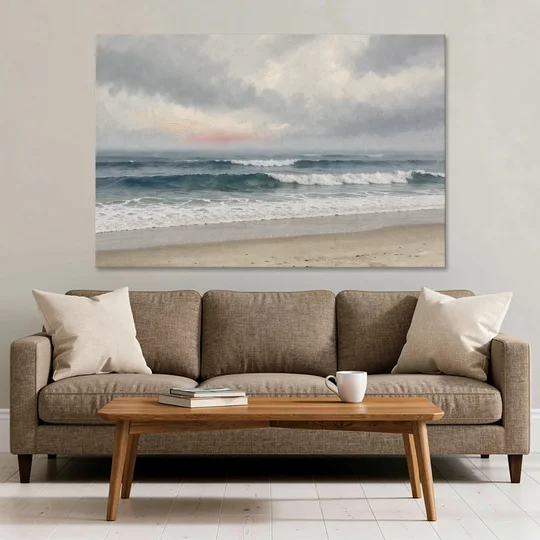 Neutral Coastal Pink Glow Over Gray Surf - Canvas Wall Art - Sofa - 60x40
