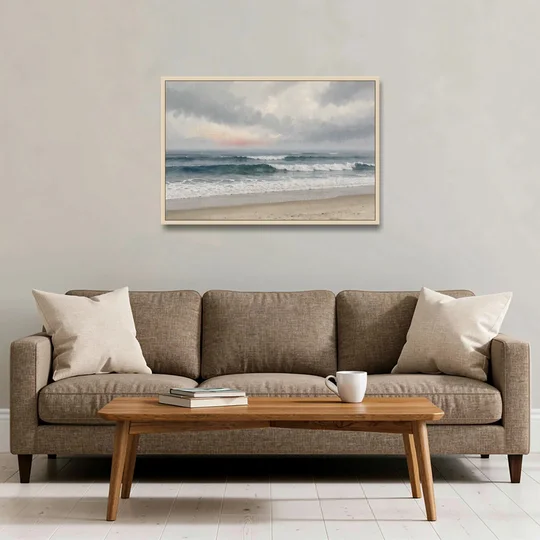 Neutral Coastal Pink Glow Over Gray Surf - Oak Framed Canvas Wall Art - Sofa - 36x24