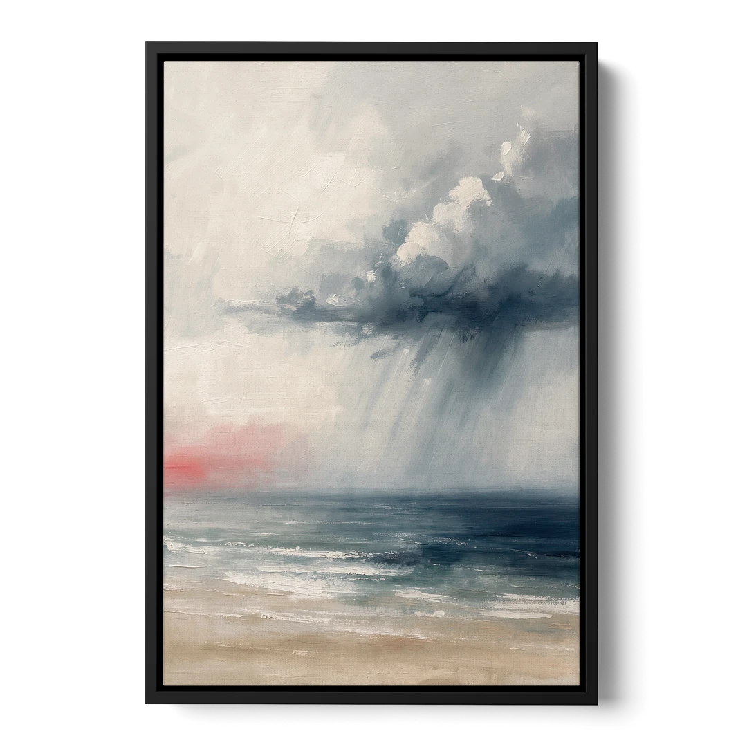 Neutral Distant Rain Squall Over a Calm Sea - Black Framed Canvas Wall Art - Front