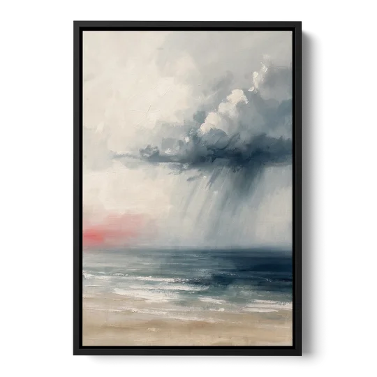 Neutral Distant Rain Squall Over a Calm Sea - Black Framed Canvas Wall Art - Front