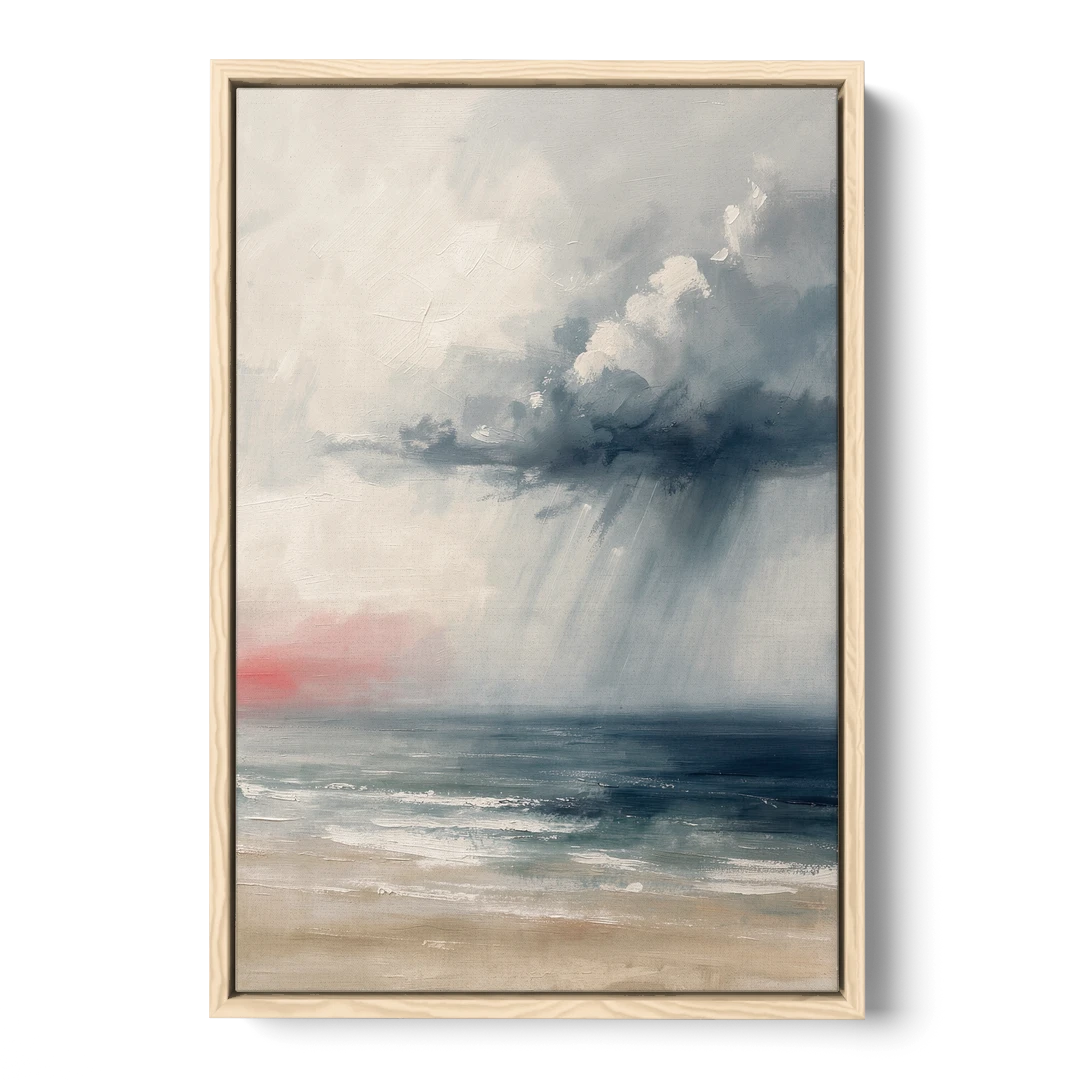 Neutral Distant Rain Squall Over a Calm Sea - Oak Framed Canvas Wall Art - Front